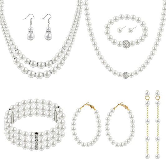 8 Pcs Pearl Necklace Pearl Earrings Pearl Bracelet Set 1920S Simulated Pearls Accessories Wedding Pearl Jewelry Set Christmas Gift for Women Mom Wife Graceful Style