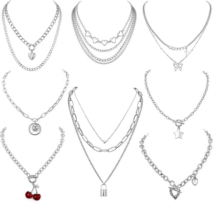 8 PCS Silver/Gold-Tone Chain Necklace Set for Women and Teen Girls and Boys - Layered Pendants Necklace with Multi-Style Design, Egirl Necklace Emo Chains Goth Chains Accessories Alt Jewelry #3-silver