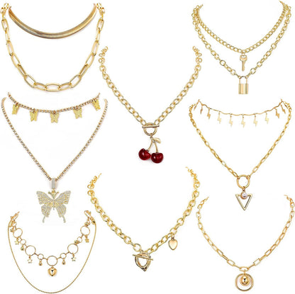 8 PCS Silver/Gold-Tone Chain Necklace Set for Women and Teen Girls and Boys - Layered Pendants Necklace with Multi-Style Design, Egirl Necklace Emo Chains Goth Chains Accessories Alt Jewelry #1-Gold