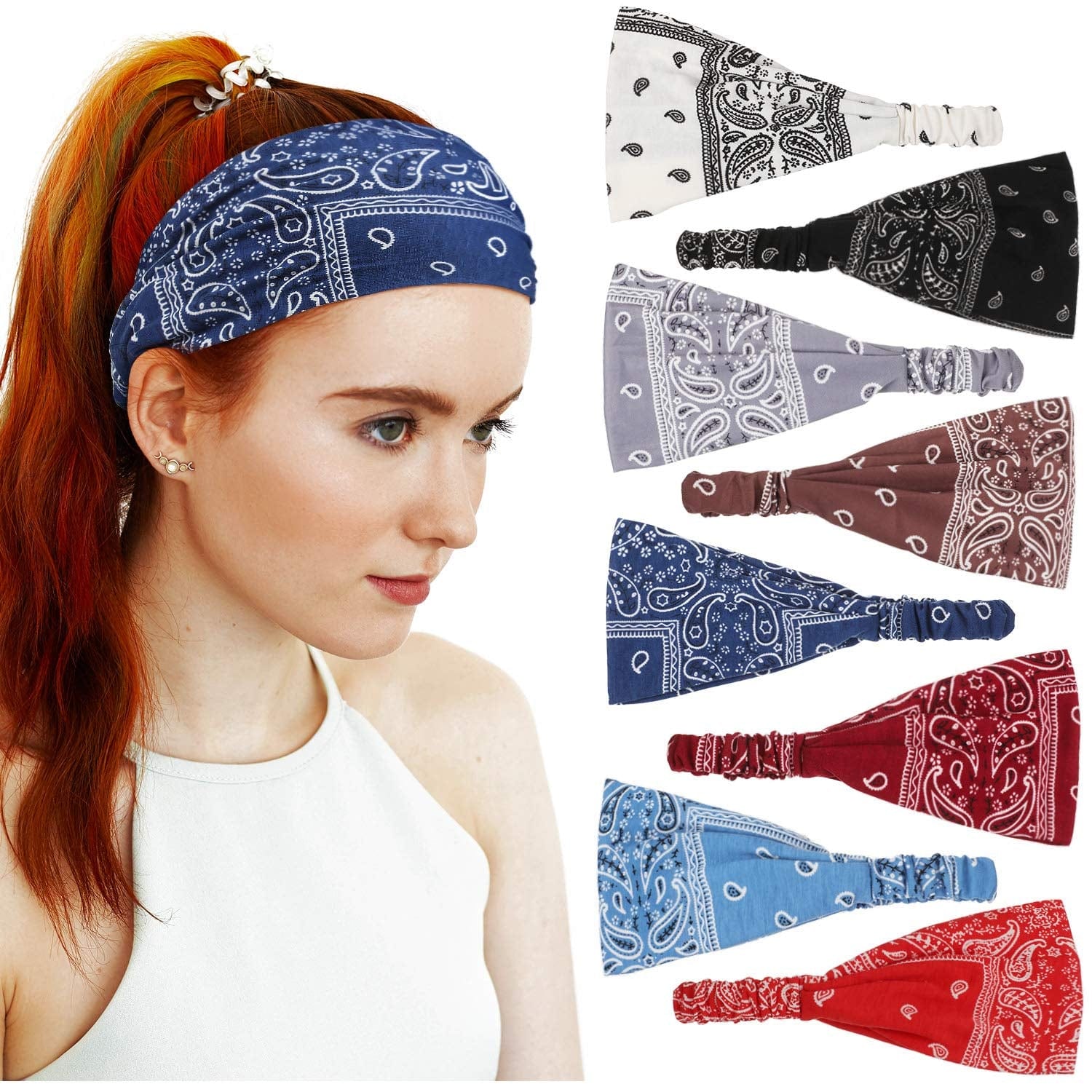 8 Pieces Boho Bandana Headbands Elastic Paisley Headbands Stretchy Yoga Headwraps Vintage Wide Hairbands Cute Hair Accessories for Women Girls Favors Apparel & Accessories > Clothing Accessories > Bandanas & Headties WILLBOND   