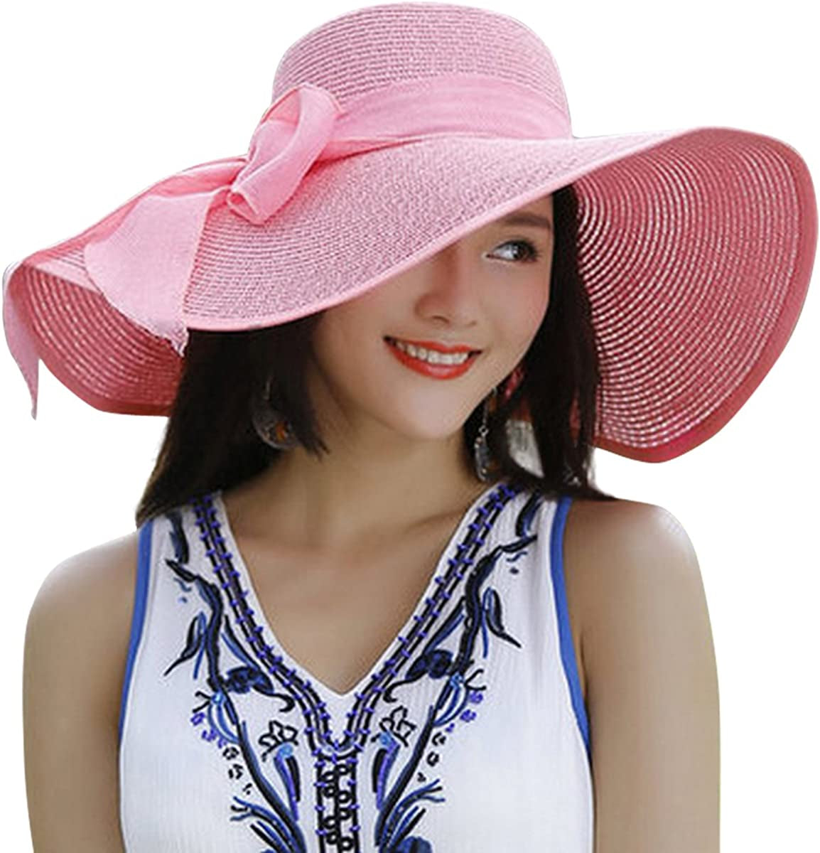 Lanzom Womens 5.5 Inches Big Bowknot Straw Hat Large Floppy Foldable Roll up Beach Cap Sun Hat UPF 50+ Apparel & Accessories > Clothing Accessories > Hats Lanzom Pink One Size 