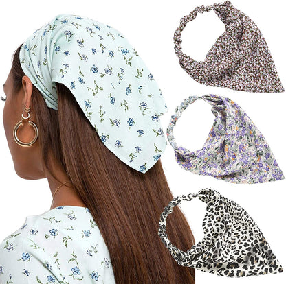 Floral Elastic Hair Scarf Headband - 3 PCS Chiffon Head Kerchief Headband Floral Hair Scarves with Hair Clips Hair Bandanas Apparel & Accessories > Clothing Accessories > Bandanas & Headties AWAYTR Leopard/Purple print/Purple floral  