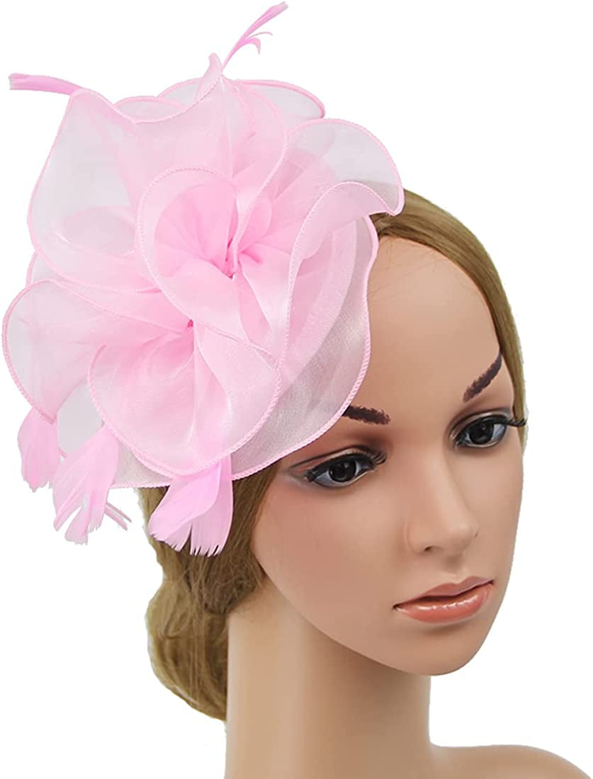 Women Flower Fascinator Hat Wedding Bridal Fascinators Tea Party Hat Feather Fascinator Headband Headwear for Evening Church Apparel & Accessories > Clothing Accessories > Headwear STbest Pink  