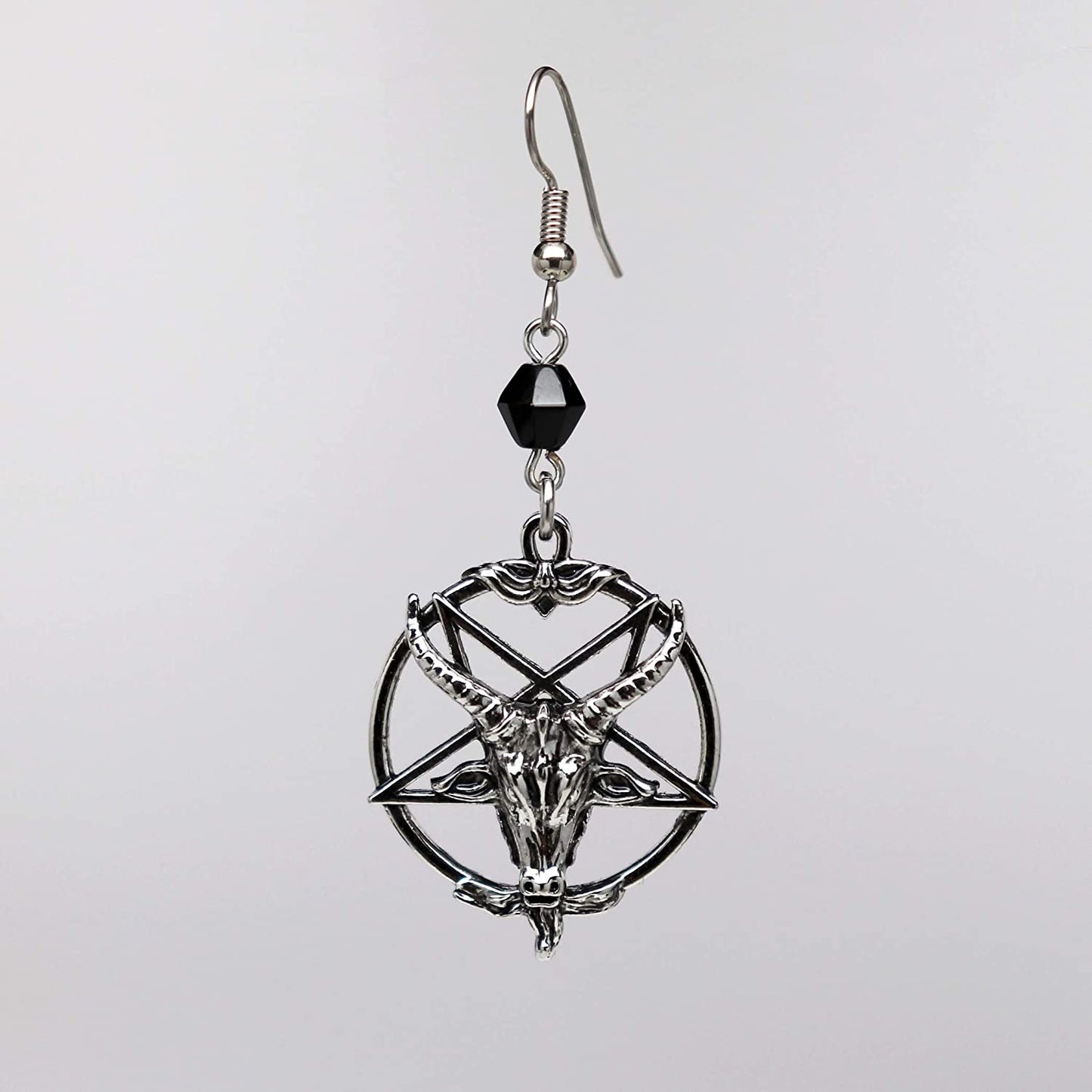 Baphomet Satanic Goat Head Inverted Pentagram Silver Finish Dangle Earrings Apparel & Accessories > Jewelry > Earrings Real Metal   