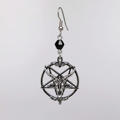 Baphomet Satanic Goat Head Inverted Pentagram Silver Finish Dangle Earrings Apparel & Accessories > Jewelry > Earrings Real Metal   