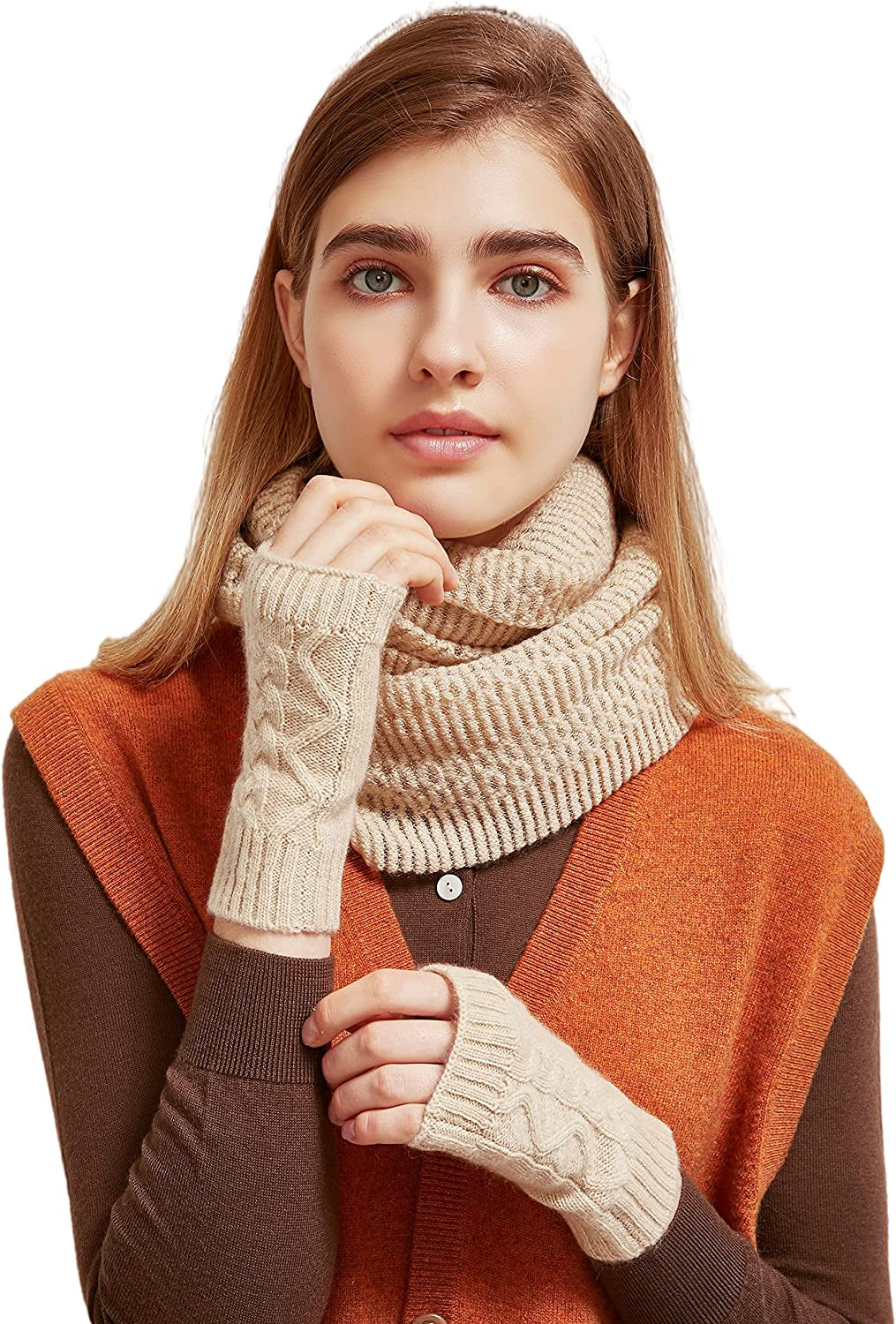 Pure Cashmere Mitten Gloves for Women in a Gift Box Apparel & Accessories > Clothing Accessories > Gloves & Mittens NUOHEMULE Beige  