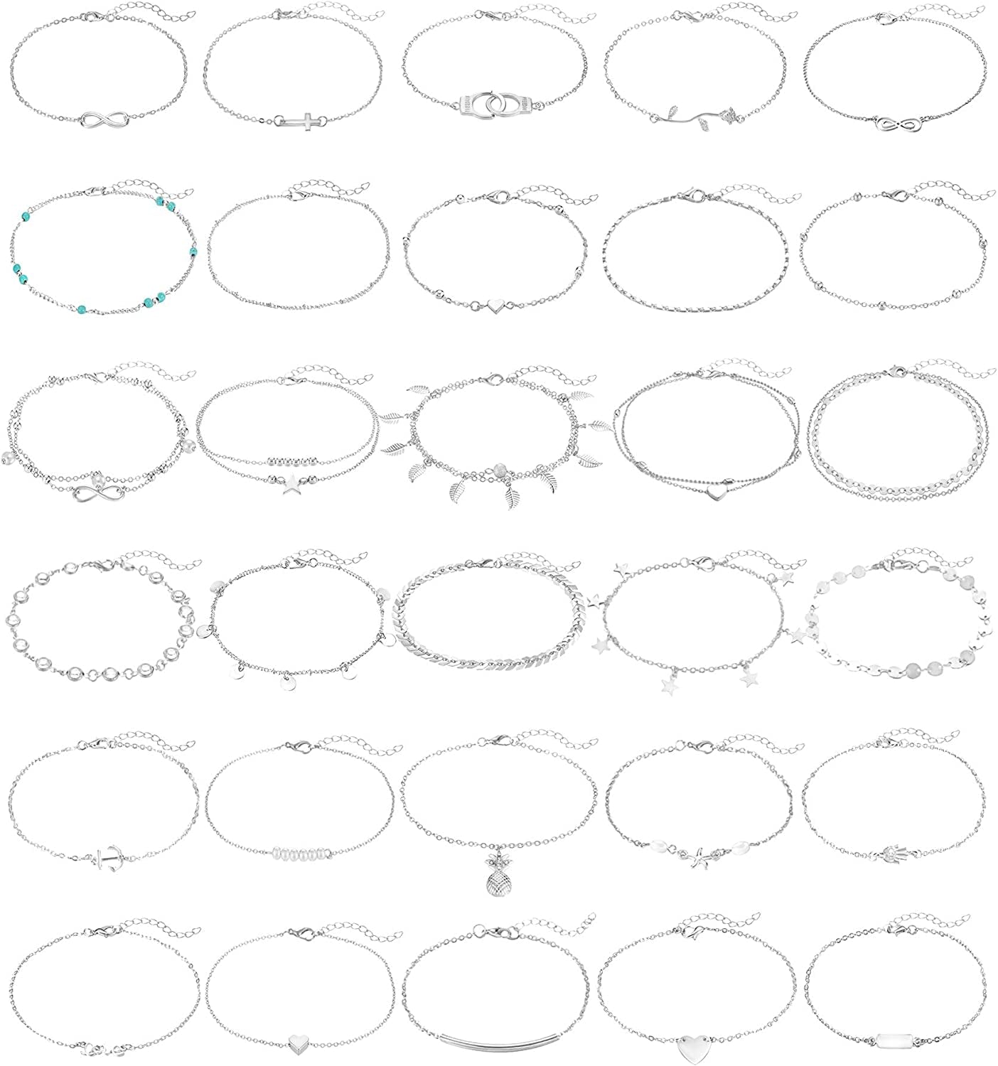 FUNEIA 12/16Pcs Anklets for Women Silver Gold Ankle Bracelets Set Boho Layered Beach Adjustable Chain Anklet Foot Jewelry Apparel & Accessories > Jewelry > Anklets Anlsen J:30Pcs Silver  