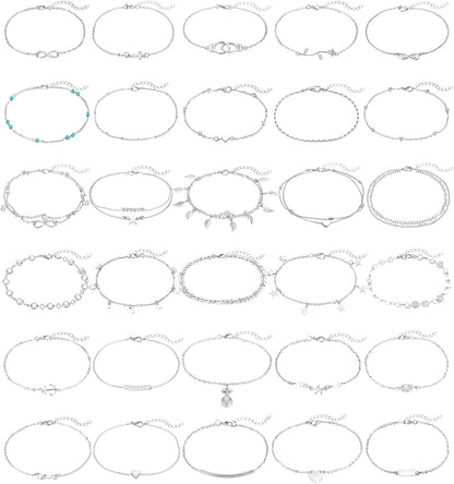 FUNEIA 12/16Pcs Anklets for Women Silver Gold Ankle Bracelets Set Boho Layered Beach Adjustable Chain Anklet Foot Jewelry Apparel & Accessories > Jewelry > Anklets Anlsen J:30Pcs Silver  