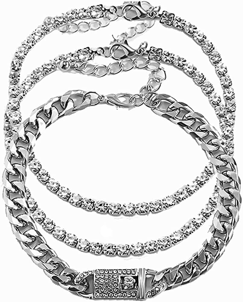 Kelistom Cuban Link Rhinestone Tennis Anklet Set for Women Teen Girls, 18K Gold or White Gold Plated Chain Ankle Bracelets for Women with Extension Apparel & Accessories > Jewelry > Anklets kelistom 3-white-3pcs  