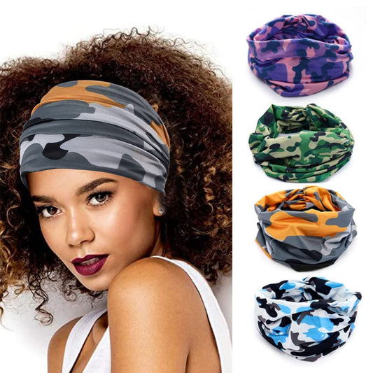 CAKURE Boho Camo Headbands Extra Wide Turban African Head Wraps Stretchy Hairbands Cloth Headband Elastic Yoga Head Scarf Fashion Head Bands for Women and Girls Pack of 4 Apparel & Accessories > Clothing Accessories > Bandanas & Headties CAKURE   