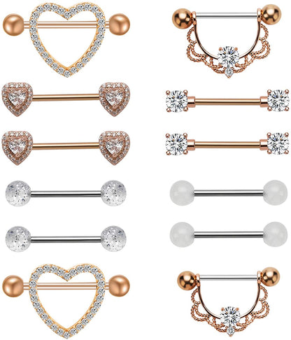 NASAMA Stainless Steel Acrylic Nipple Rings Tongue Ring CZ Barbell Heart-Shape Piercing Body Jewelry Apparel & Accessories > Jewelry > Body Jewelry NASAMA 6pair Rose gold  