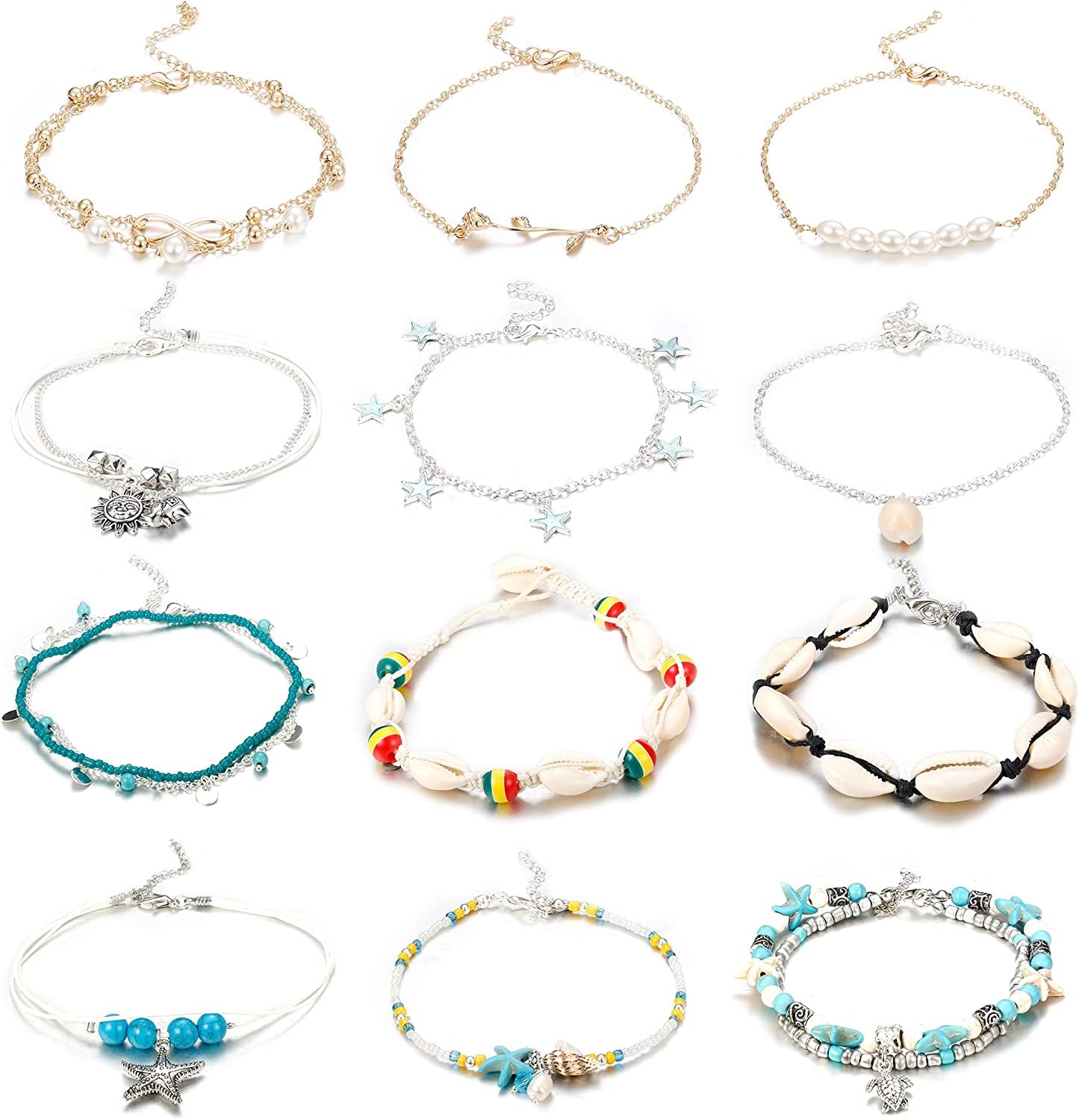 Finrezio 8-12PCS Anklets for Women Girls Adjustable Boho Turtle Starfish Beach Ankle Bracelets Foot Jewelry Set Handmade Apparel & Accessories > Jewelry > Anklets FINREZIO A: 12PCS Starfish Ankle  