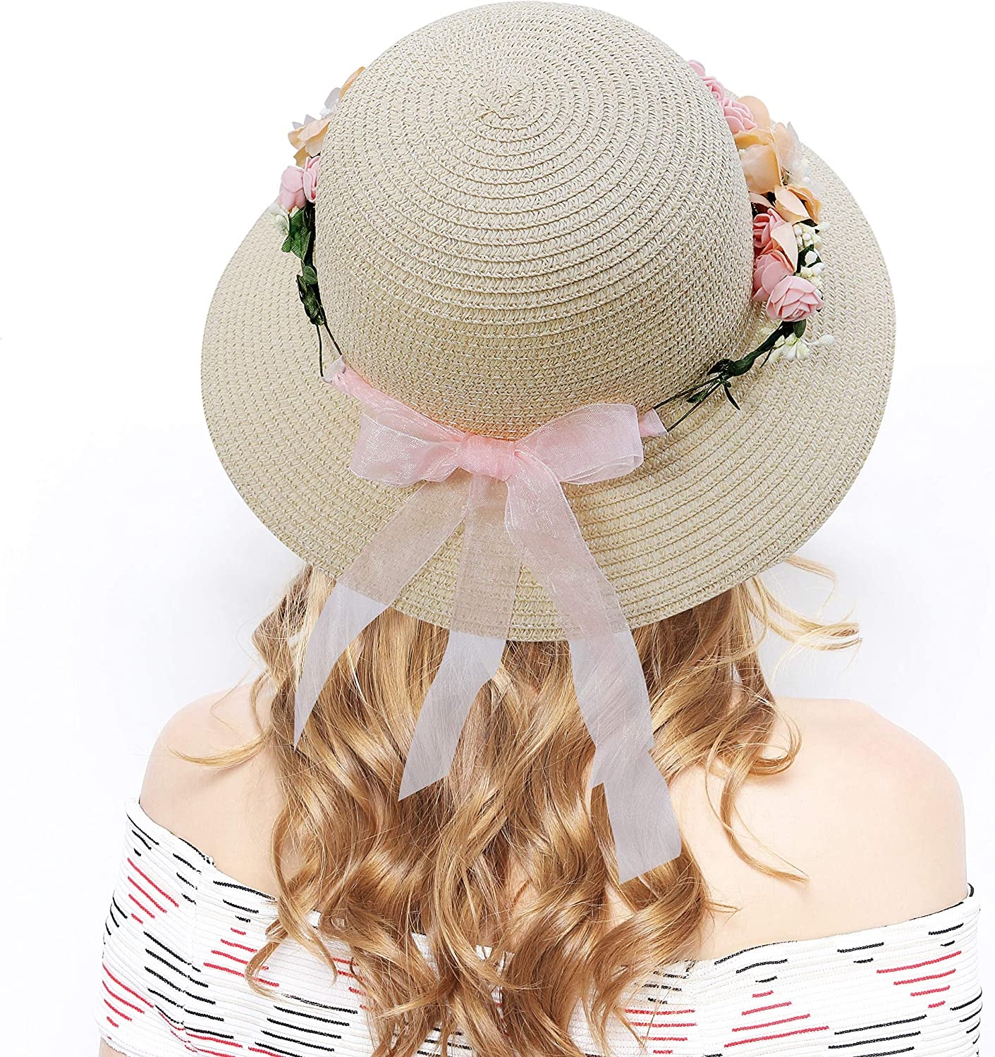 Lovful Fashion Flower Lace Ribbon Wide Brim Caps Summer Beach Sun Protective Hat Straw Hats for Women Apparel & Accessories > Clothing Accessories > Hats KYLIE MAX   