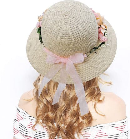 Lovful Fashion Flower Lace Ribbon Wide Brim Caps Summer Beach Sun Protective Hat Straw Hats for Women Apparel & Accessories > Clothing Accessories > Hats KYLIE MAX   