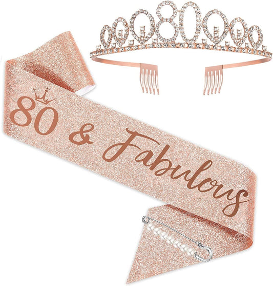 80Th Birthday Sash and Tiara for Women, Rose Gold Birthday Sash Crown 80 & Fabulous Sash and Tiara for Women, 80Th Birthday Gifts for Happy 80Th Birthday Party Favor Supplies Apparel & Accessories > Clothing Accessories > Sashes BRT Bearingshui   