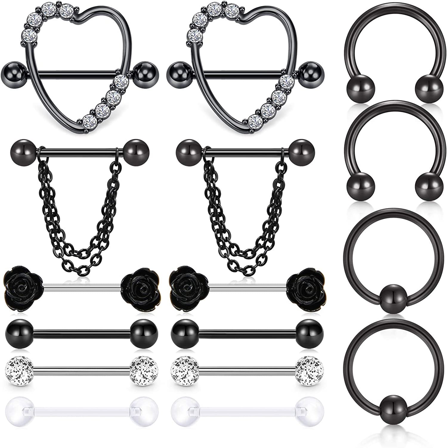 LAURITAMI Nipple Rings for Women Nipple Piercing Jewelry 14G Nipple Rings Surgical Steel Nipple Jewelry Straight Barbell Tongue Rings for Women CZ Nipplering Piercing Jewelry Set Apparel & Accessories > Jewelry > Body Jewelry LAURITAMI C6 -black  