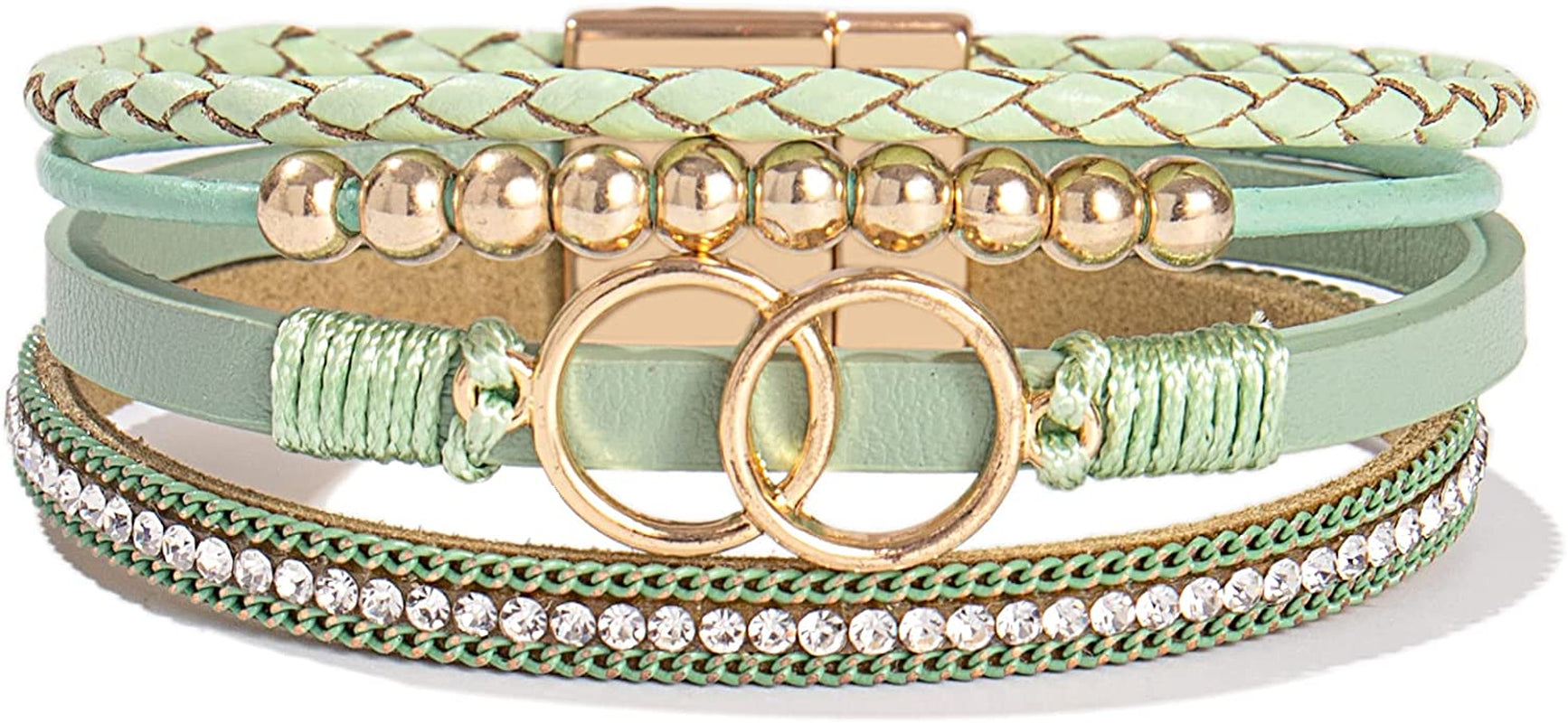 FANCY SHINY Boho Wrap Bracelets Leather Cuff Bangle Gold Beaded Bracelets for Women Stackable Infinity Bracelets Jewelry with Clasp Apparel & Accessories > Jewelry > Bracelets FANCY SHINY Avocado  