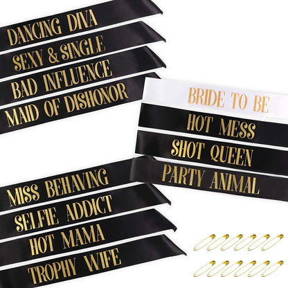 Snsowed 12 Pack- Bachelorette Party Bride to Be Sash- Unique Bride Bridesmaid Sashes for Bachelorette Party (Black, Rose Gold Letters) Apparel & Accessories > Clothing Accessories > Sashes Snsowed   