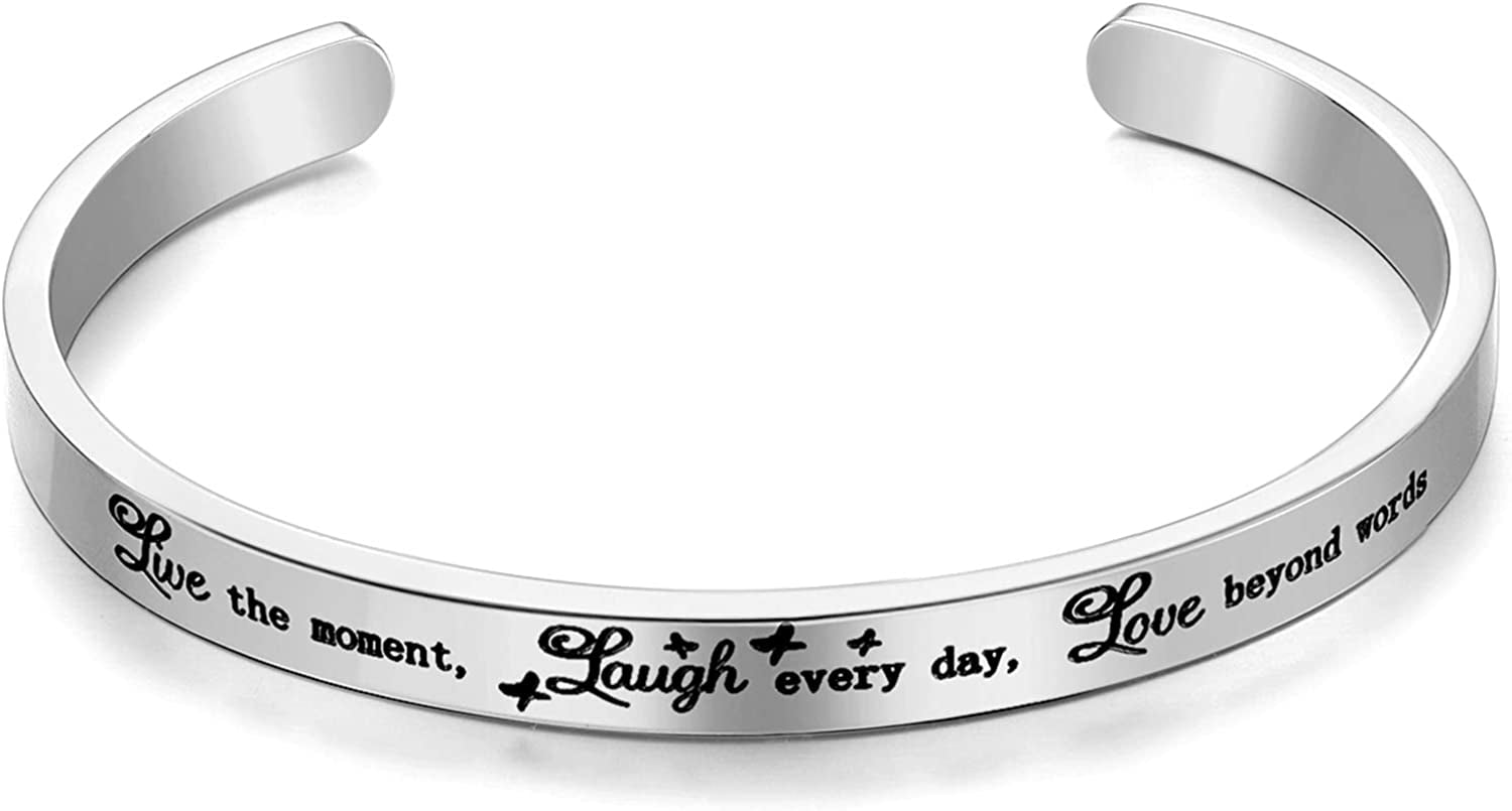CERSLIMO Inspirational Gifts for Women Bracelet, Personalized Inspire Quotes Cuff Bangle Friendship Jewelry Graduation Encouragement Gift for Her Teen Girls Apparel & Accessories > Jewelry > Bracelets CERSLIMO Live the moment, Laugh every day…  