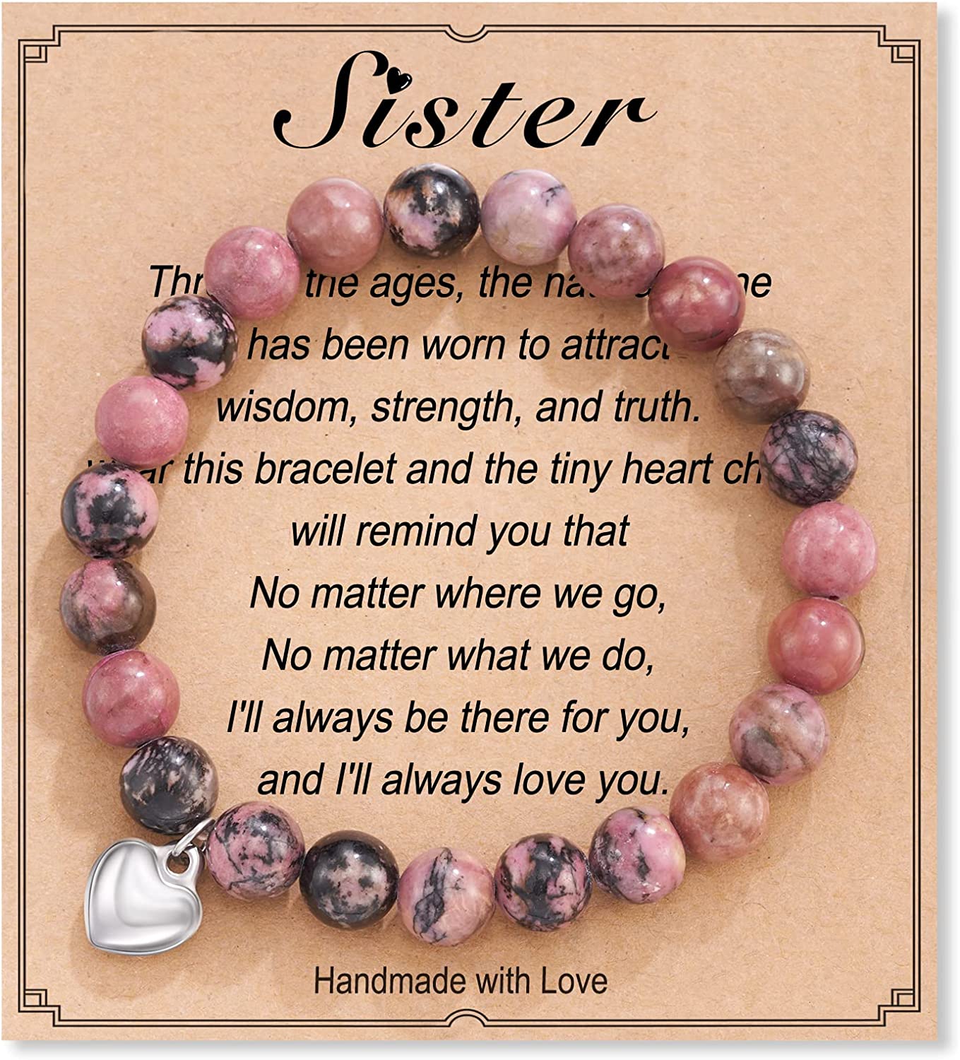 HGDEER Natural Stone Sister Bracelet, Sister Meaningful Gifts for Women Girls with Gift Message Card Apparel & Accessories > Jewelry > Bracelets HGDEER Sister - RedBean  