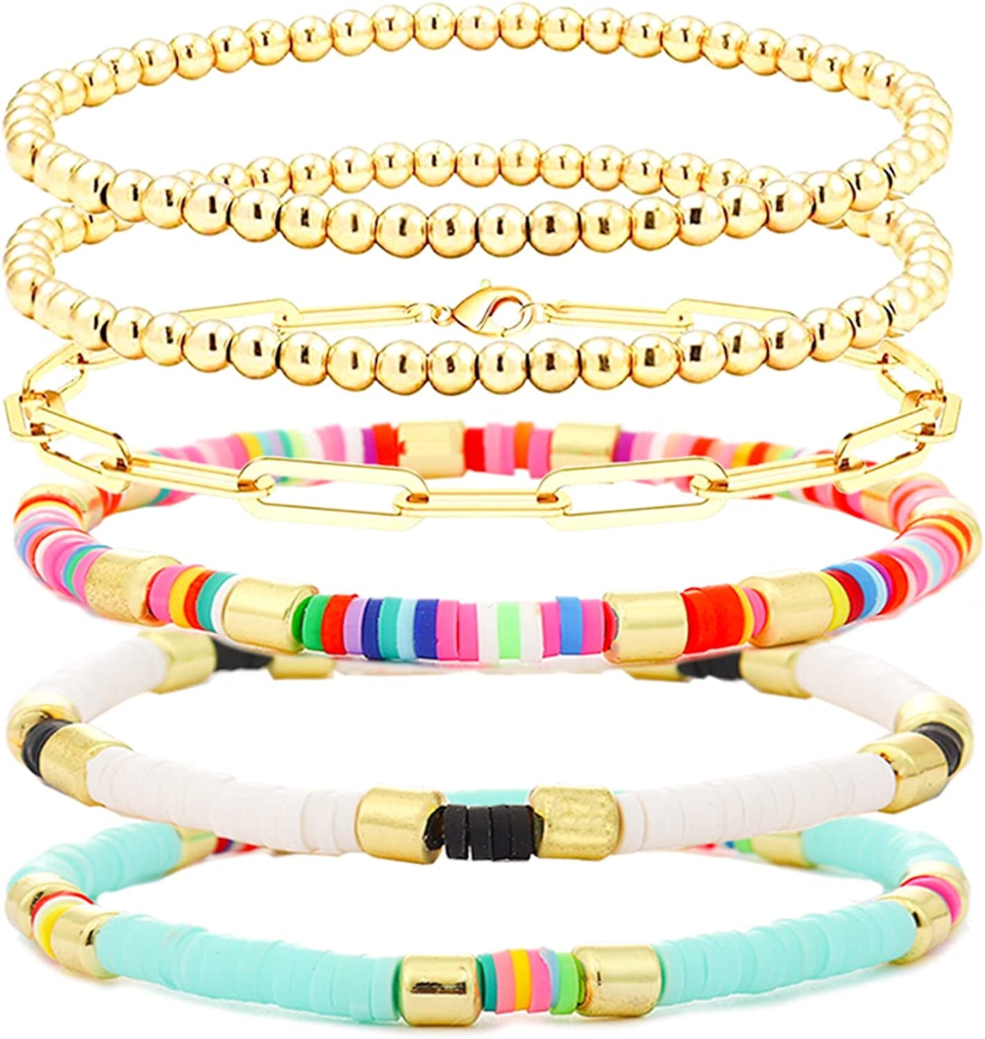 Colorful Beaded Bracelet for Women Heishi Bracelet Set Assorted Gold Bead Stackable Stretch Strand Bracelet Apparel & Accessories > Jewelry > Bracelets WETMT Rainbow gold  