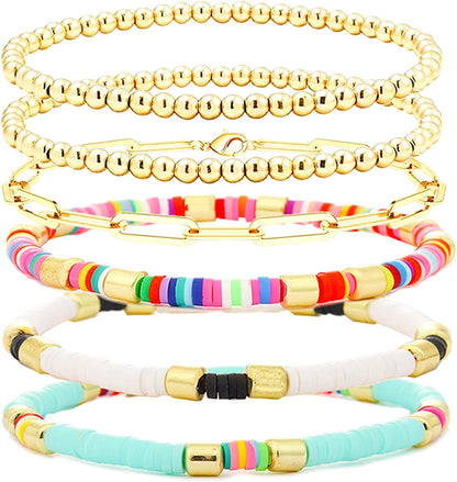 Colorful Beaded Bracelet for Women Heishi Bracelet Set Assorted Gold Bead Stackable Stretch Strand Bracelet Apparel & Accessories > Jewelry > Bracelets WETMT Rainbow gold  