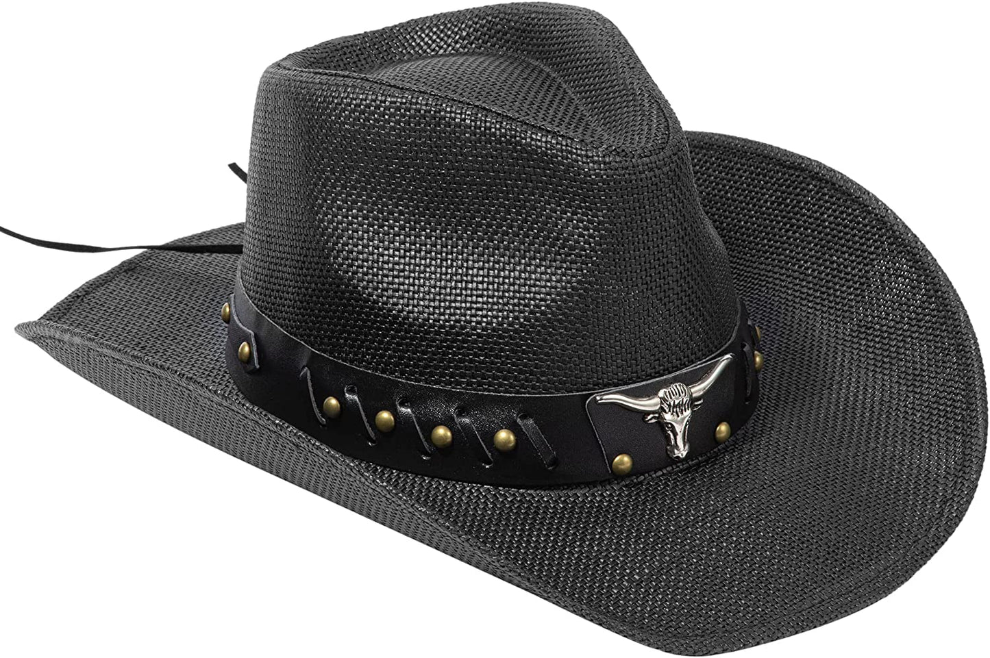 Livingston Men & Women'S Woven Straw Cowboy Hat W/Hat Band Apparel & Accessories > Clothing Accessories > Hats KYLIE MAX Bull_black High Density  