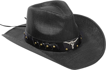 Livingston Men & Women'S Woven Straw Cowboy Hat W/Hat Band Apparel & Accessories > Clothing Accessories > Hats KYLIE MAX Bull_black High Density  