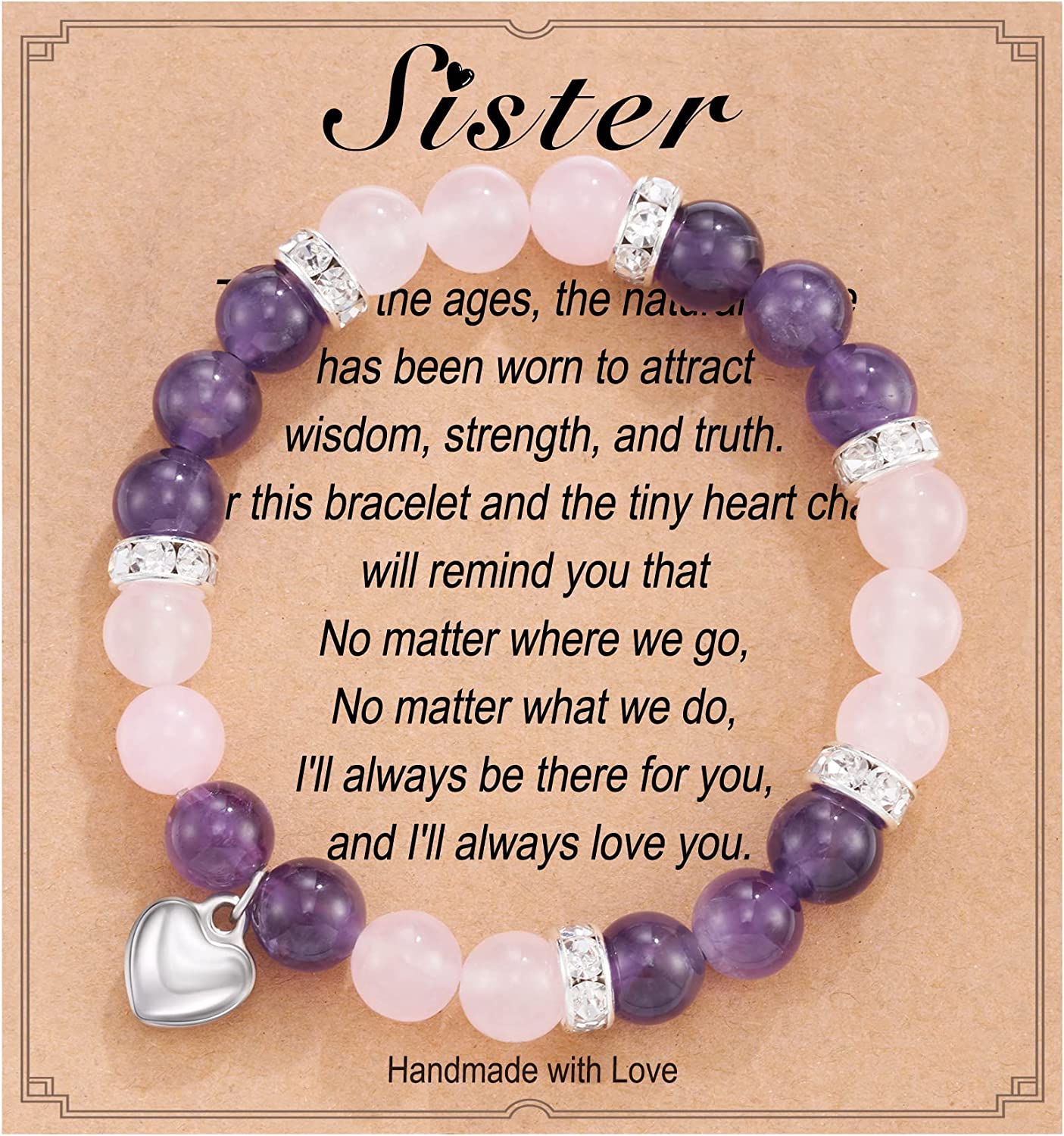 HGDEER Natural Stone Sister Bracelet, Sister Meaningful Gifts for Women Girls with Gift Message Card Apparel & Accessories > Jewelry > Bracelets HGDEER Sister - Pink&PurPle  