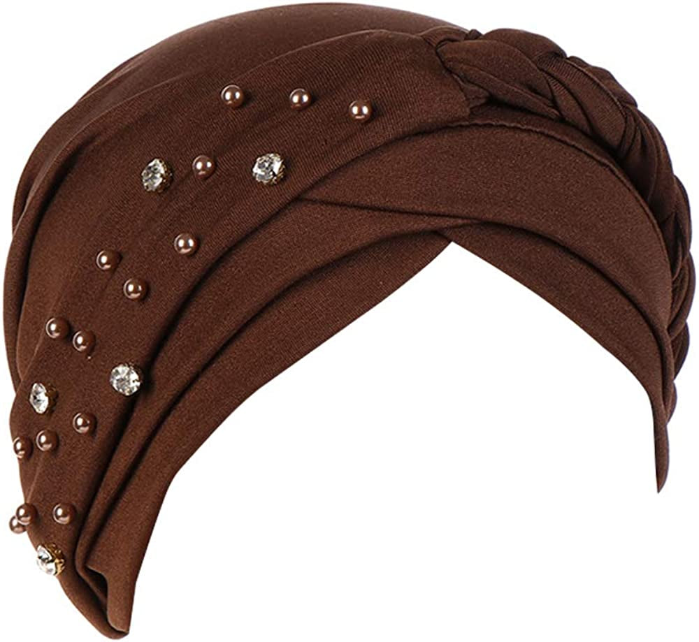 Beauty YFJH Women Hijab Beading Pre-Tied Twisted Braid Turban Hat Head Scarf Cancer Chemo Beanies Headwear Headwrap Cap Apparel & Accessories > Clothing Accessories > Headwear beauty YFJH Brown  