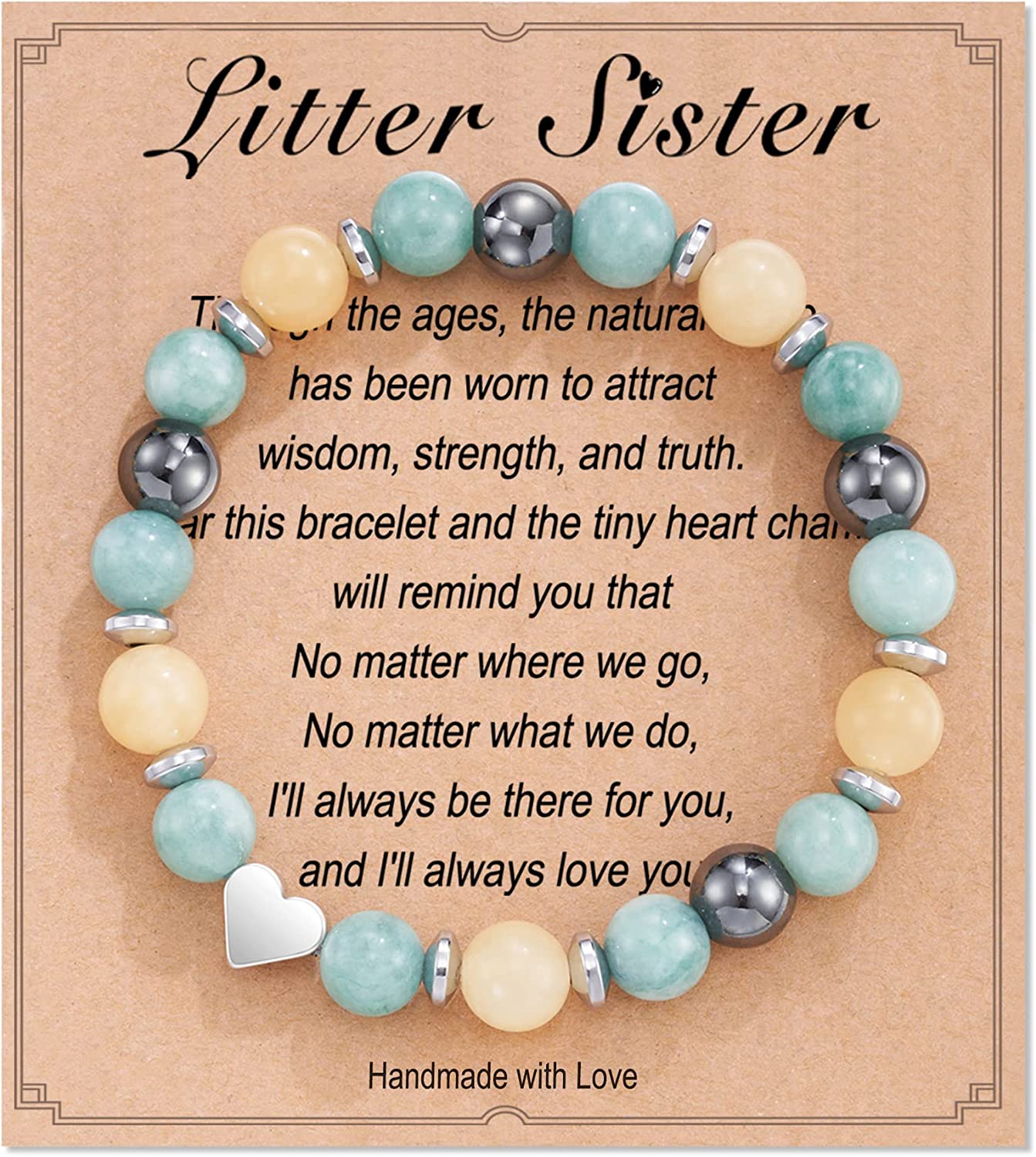 HGDEER Natural Stone Sister Bracelet, Sister Meaningful Gifts for Women Girls with Gift Message Card Apparel & Accessories > Jewelry > Bracelets HGDEER Litter Sister - Green&Yellow  