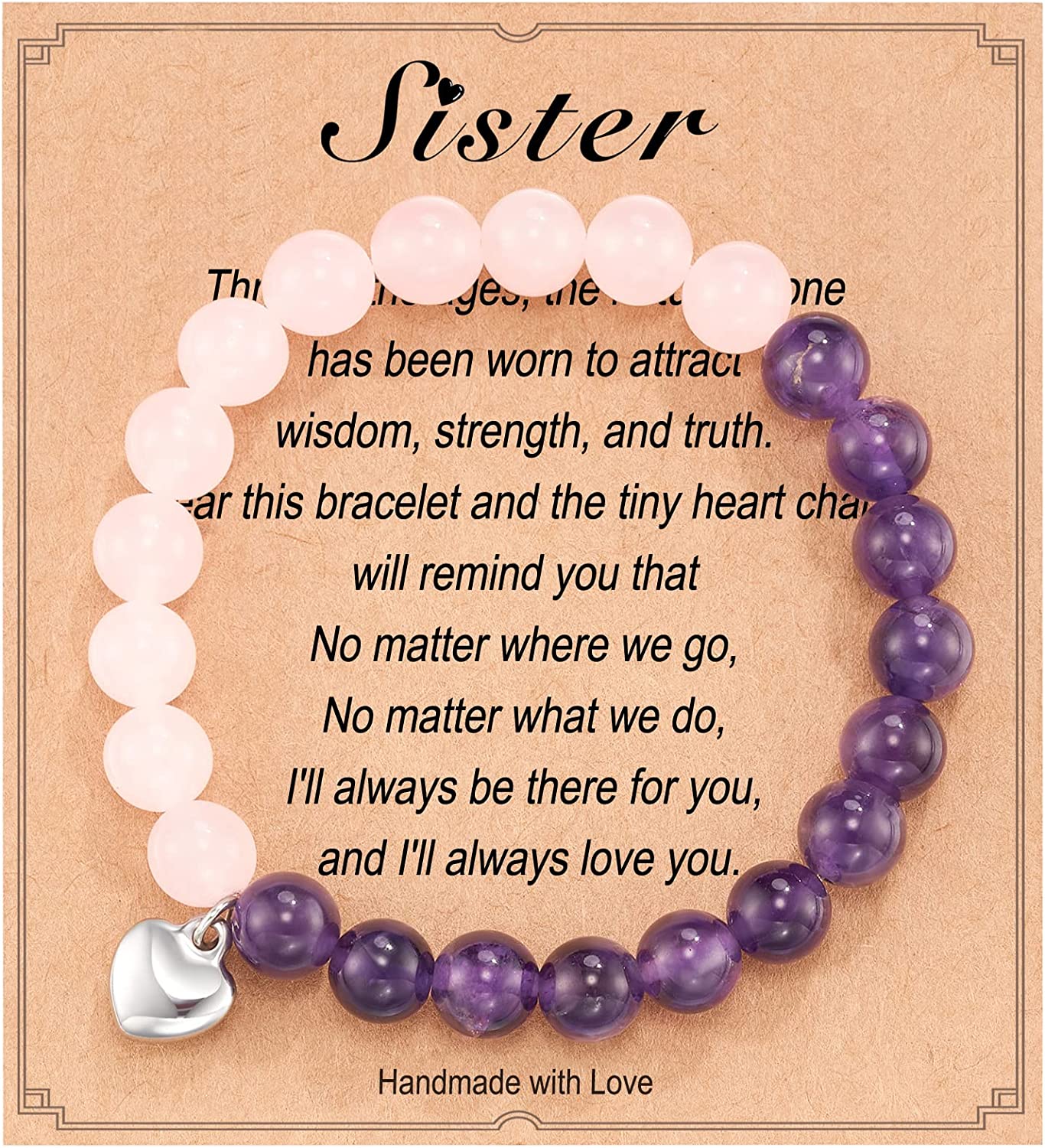 HGDEER Natural Stone Sister Bracelet, Sister Meaningful Gifts for Women Girls with Gift Message Card Apparel & Accessories > Jewelry > Bracelets HGDEER Sister - Pink&PurPle2  