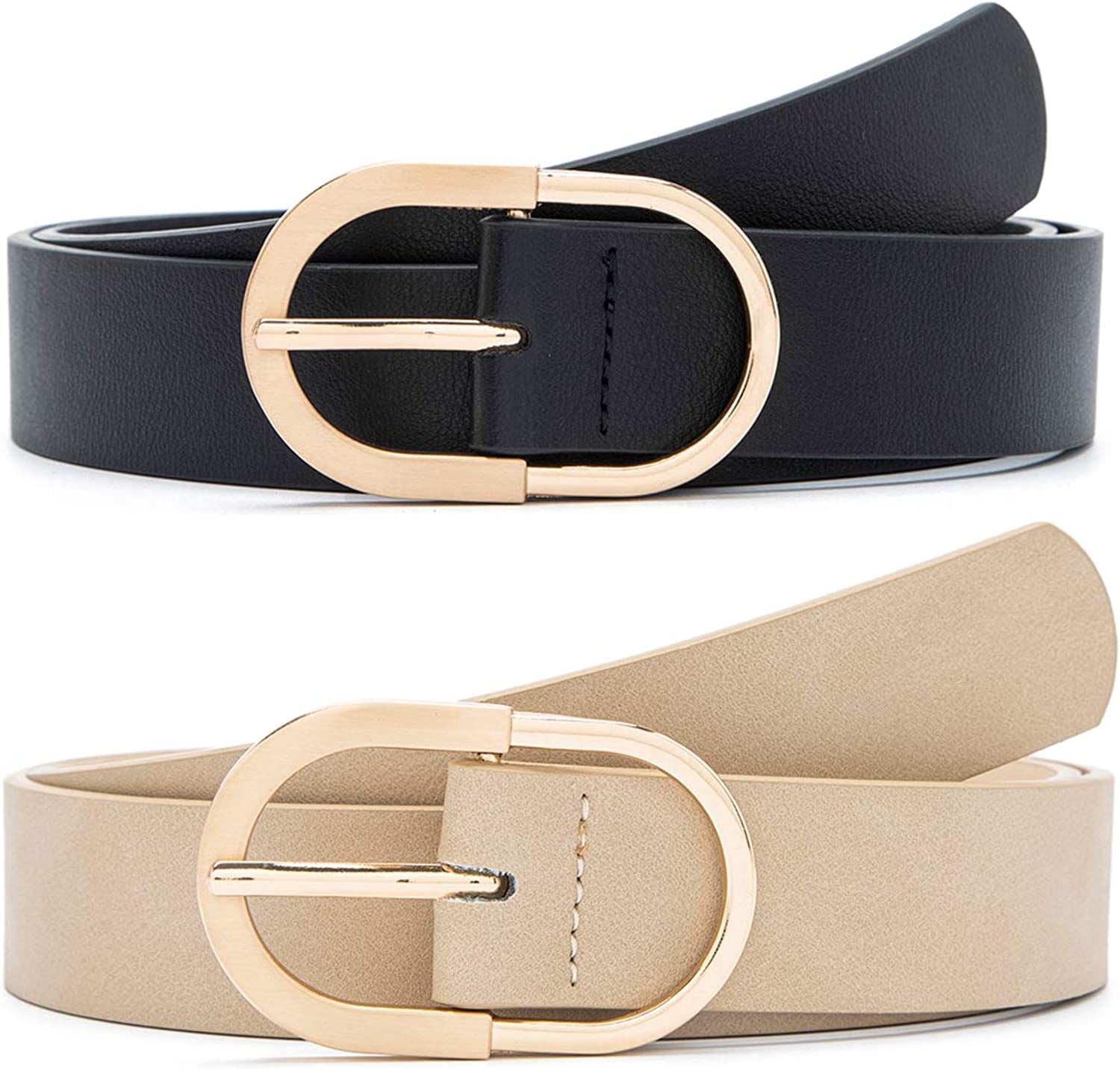MORELESS 2 Pack Women'S Leather Belts for Jeans Pants with Fashion Center Bar Buckle Apparel & Accessories > Clothing Accessories > Belts MORELESS Golden Buckle(black+beige) Medium: fits waist from 30"-33" 