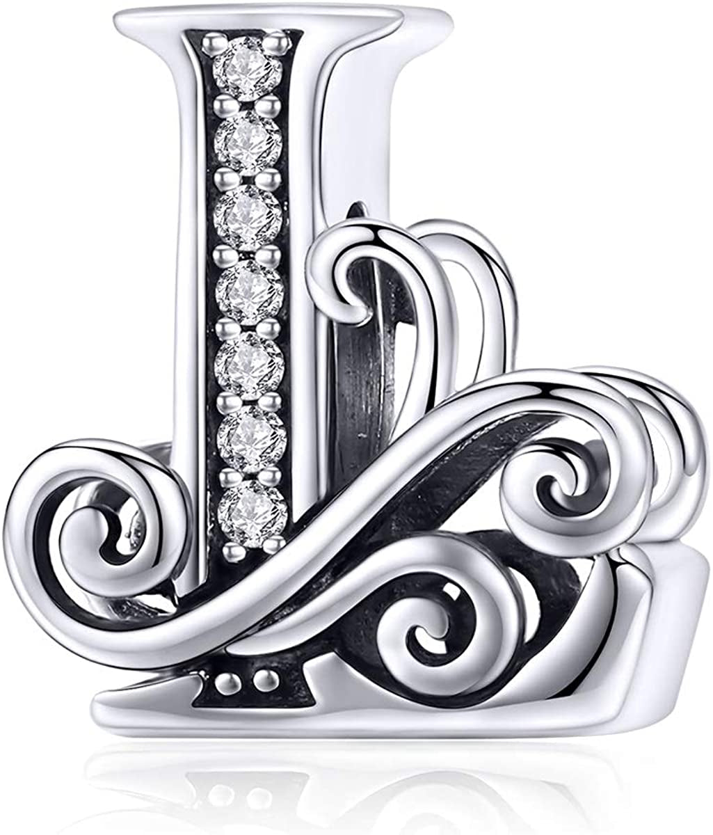 Solid 925 Sterling Silver with Cubic Stones, Complete A~Z Gift Options Alphabet Charm Letter Beads Fit Pandora European Bracelets Apparel & Accessories > Jewelry > Bracelets ABAOLALA ALPHABET L  