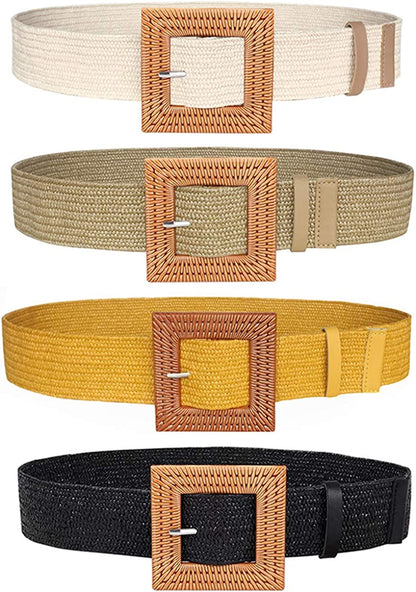 Women Skinny Dress Belt, Fashion Straw Woven Elastic Stretch Waist Band Wood Buckle Belt Apparel & Accessories > Clothing Accessories > Belts YUCFOREN 4 Pack- Black /Khaki /Sand/Yellow Waist below 36" 
