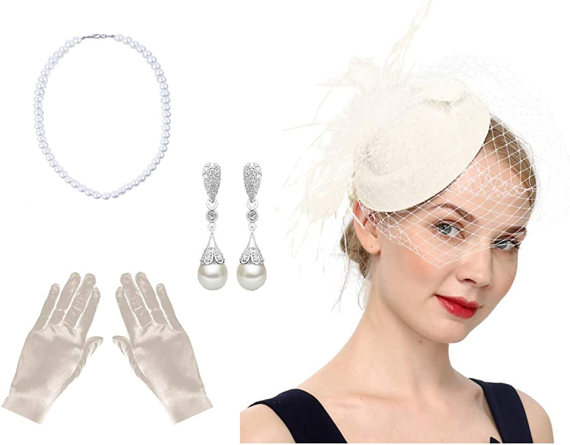 Fascinators Hats 20S 50S Hat Pillbox Hat Cocktail Tea Party Headwear with Veil for Girls and Women Apparel & Accessories > Clothing Accessories > Headwear Cizoe B-beige Set  