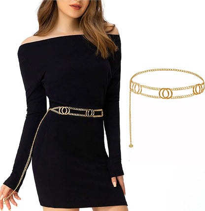 FAN&LOUIS Gold Waist Chain Belt for Women Dresses Metal Link Dangling Cinturones De Mujer Apparel & Accessories > Jewelry > Body Jewelry FAN&LOUIS Double O L: Fit waist 40"- 46" 