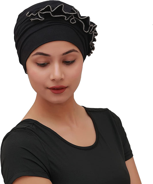 SAKUCHI Women Chemo 2 Piece Ruffle Cap & Band for Cancer Hair Loss Women Silky Soft Bamboo Headwear (2 Piece) Apparel & Accessories > Clothing Accessories > Headwear SAKUCHI Black  