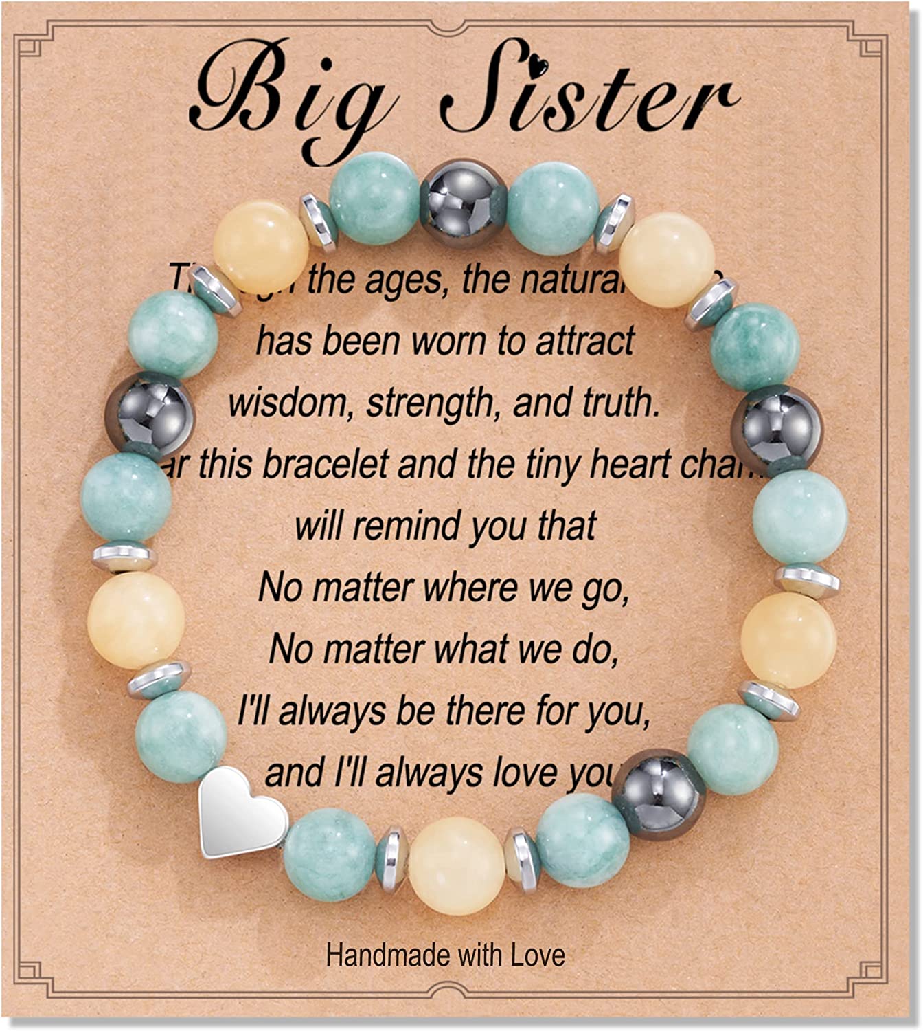 HGDEER Natural Stone Sister Bracelet, Sister Meaningful Gifts for Women Girls with Gift Message Card Apparel & Accessories > Jewelry > Bracelets HGDEER Big Sister - Green&Yellow  