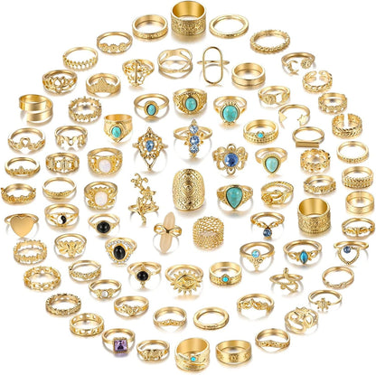 82 Pcs Vintage Silver Knuckle Rings Set for Women, Bohemian Stackable Joint Finger Rings, Retro Stone Crystal Stacking Midi Rings Pack Gold