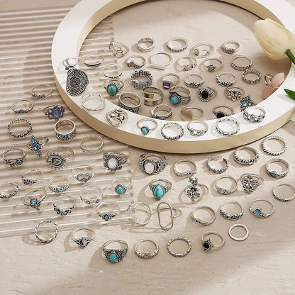 82 Pcs Vintage Silver Knuckle Rings Set for Women, Bohemian Stackable Joint Finger Rings, Retro Stone Crystal Stacking Midi Rings Pack