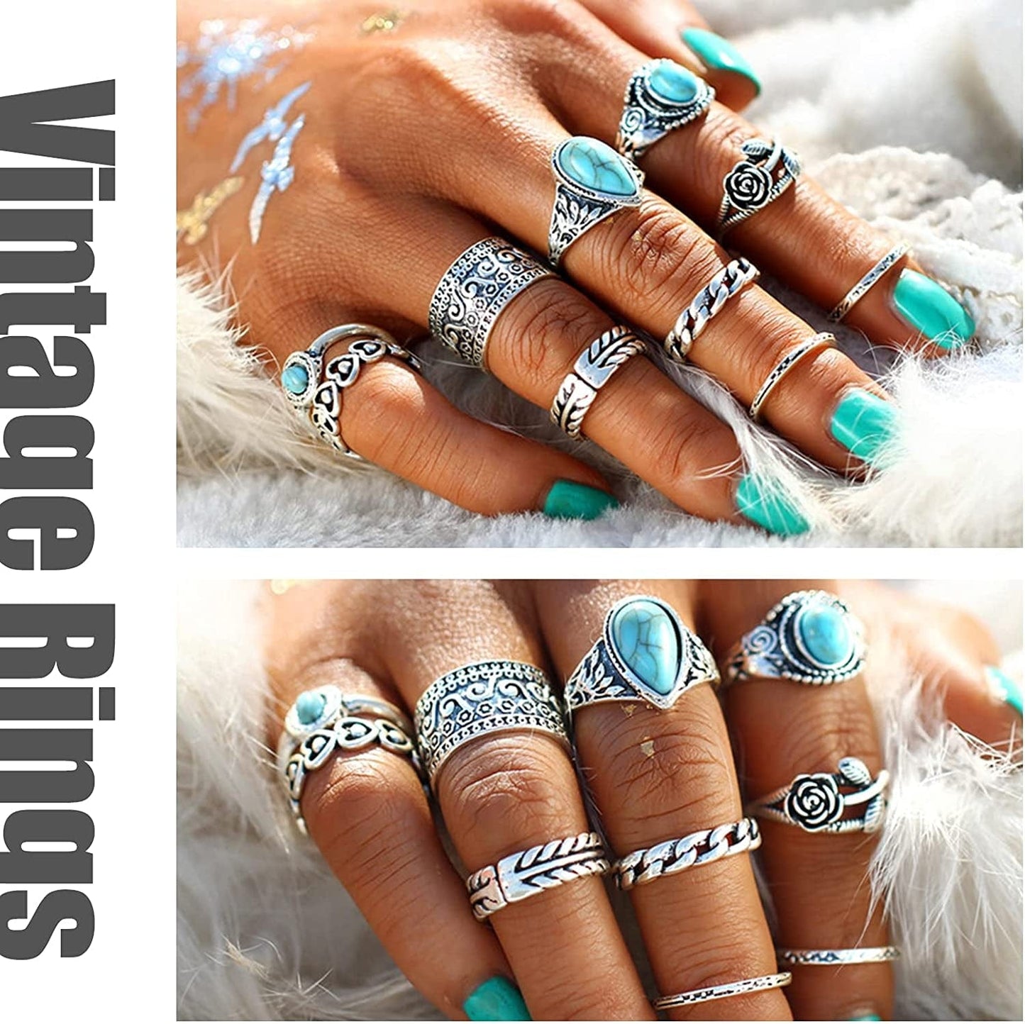 82 Pcs Vintage Silver Knuckle Rings Set for Women, Bohemian Stackable Joint Finger Rings, Retro Stone Crystal Stacking Midi Rings Pack