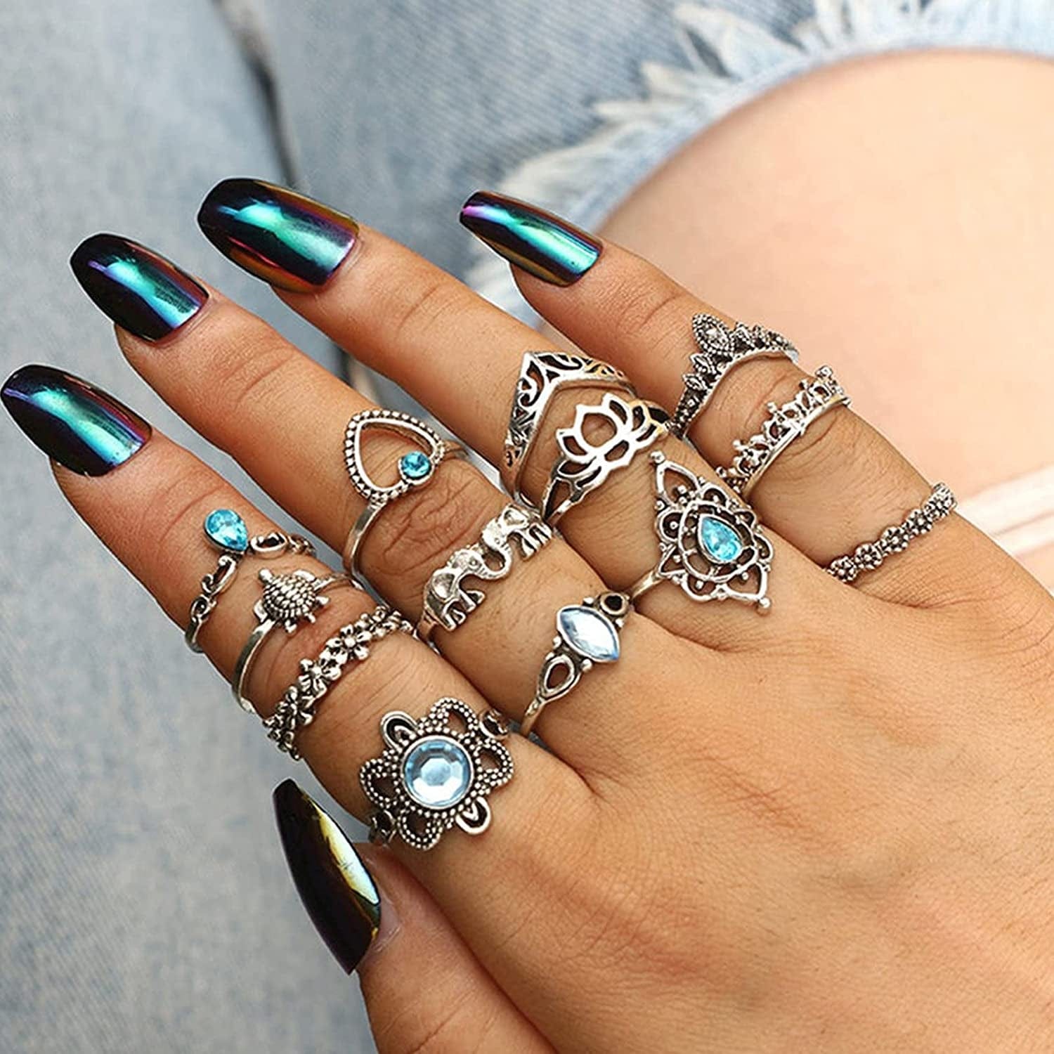 82 Pcs Vintage Silver Knuckle Rings Set for Women, Bohemian Stackable Joint Finger Rings, Retro Stone Crystal Stacking Midi Rings Pack