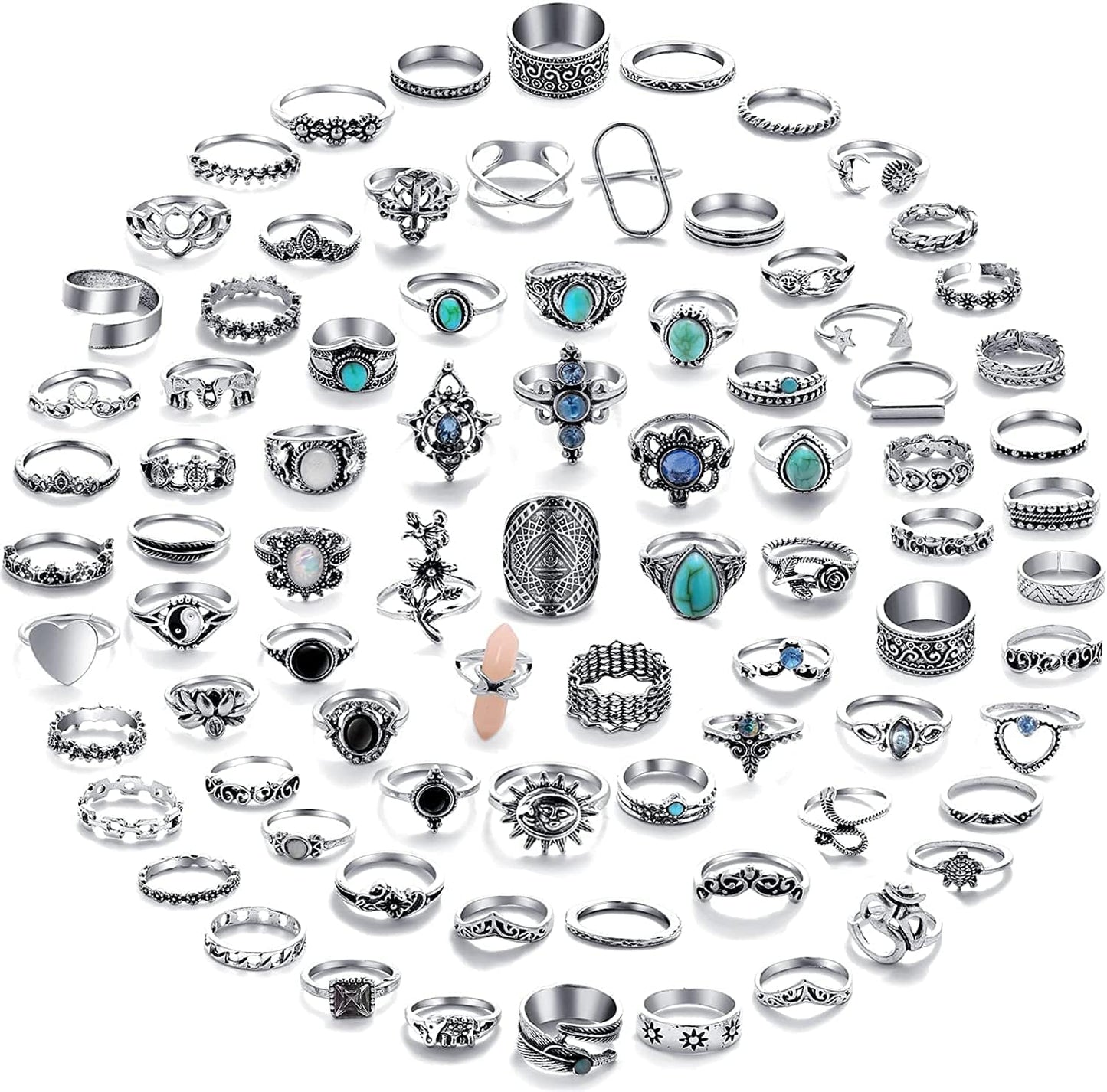 82 Pcs Vintage Silver Knuckle Rings Set for Women, Bohemian Stackable Joint Finger Rings, Retro Stone Crystal Stacking Midi Rings Pack Silver