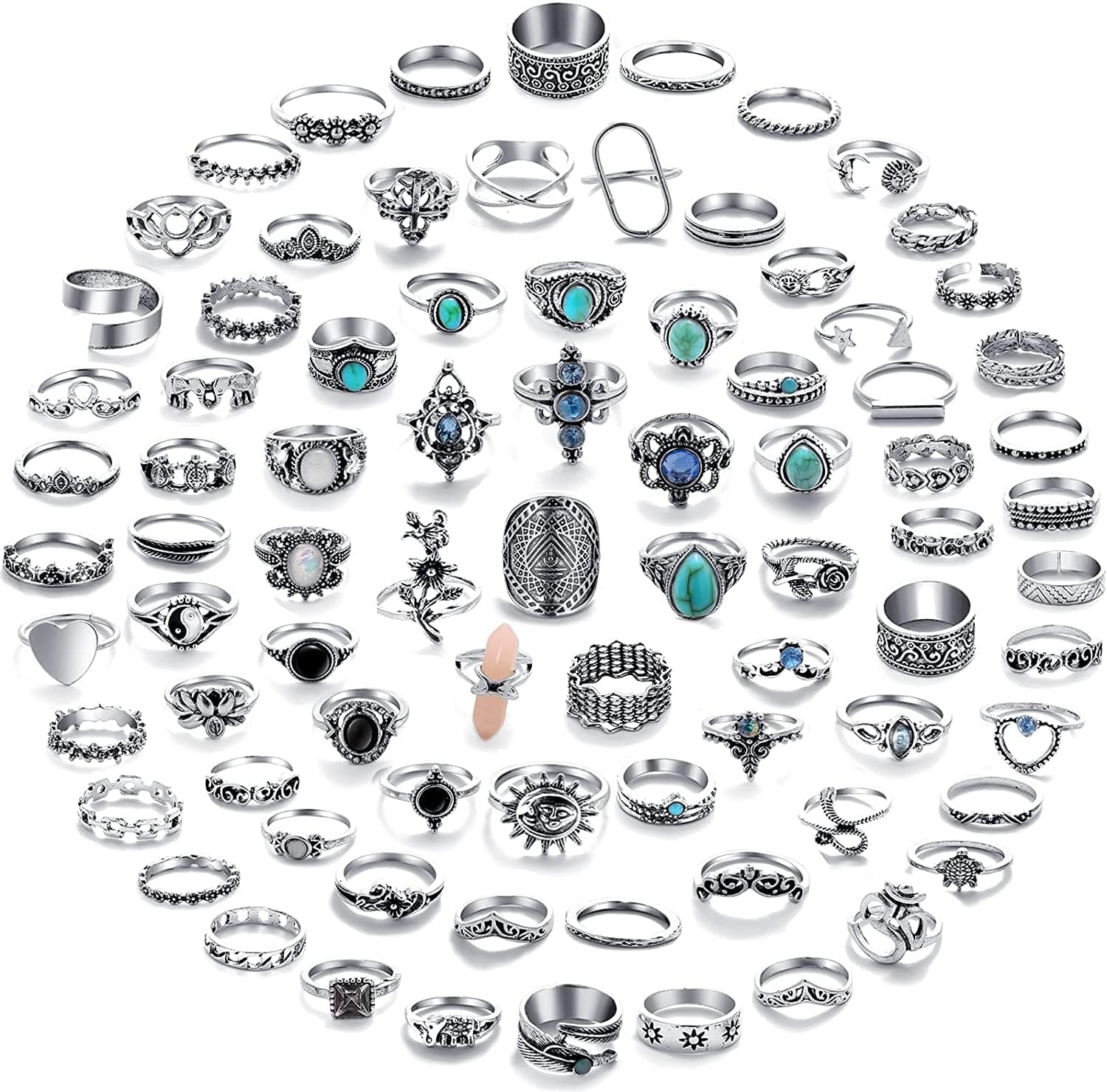 82 Pcs Vintage Silver Knuckle Rings Set for Women, Bohemian Stackable Joint Finger Rings, Retro Stone Crystal Stacking Midi Rings Pack Silver