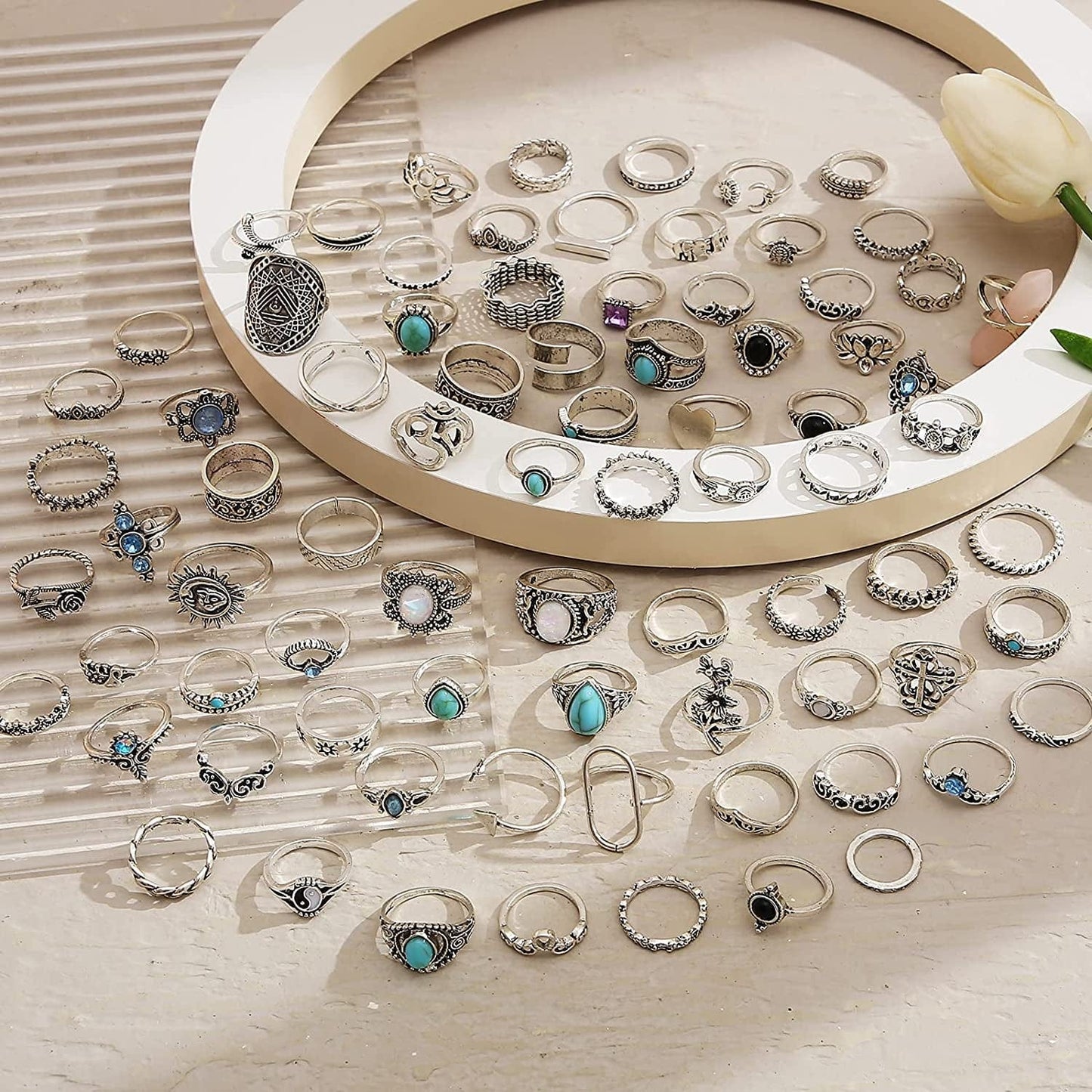 82 Pcs Vintage Silver Knuckle Rings Set for Women, Bohemian Stackable Joint Finger Rings, Retro Stone Crystal Stacking Midi Rings Pack