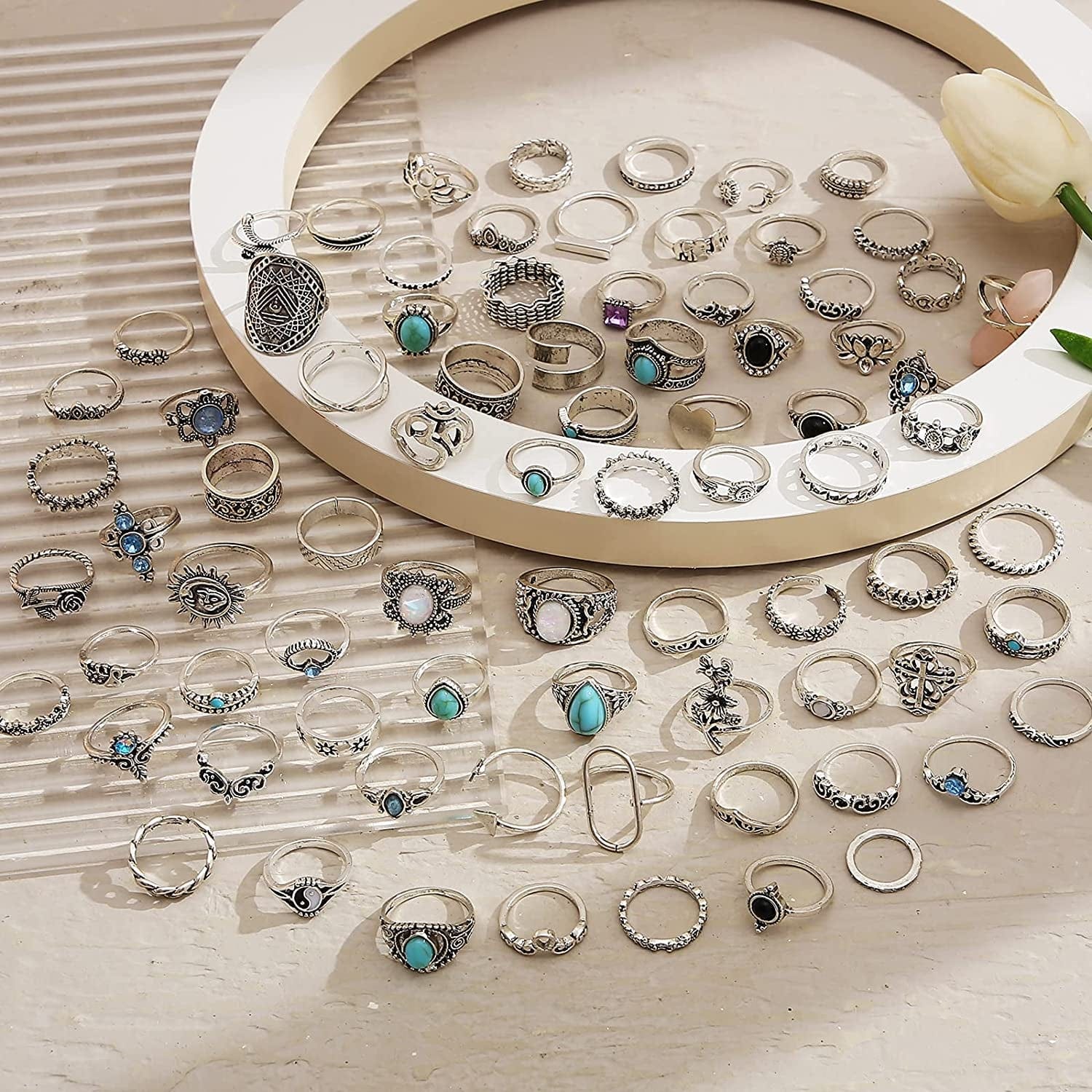 82 Pcs Vintage Silver Knuckle Rings Set for Women, Bohemian Stackable Joint Finger Rings, Retro Stone Crystal Stacking Midi Rings Pack