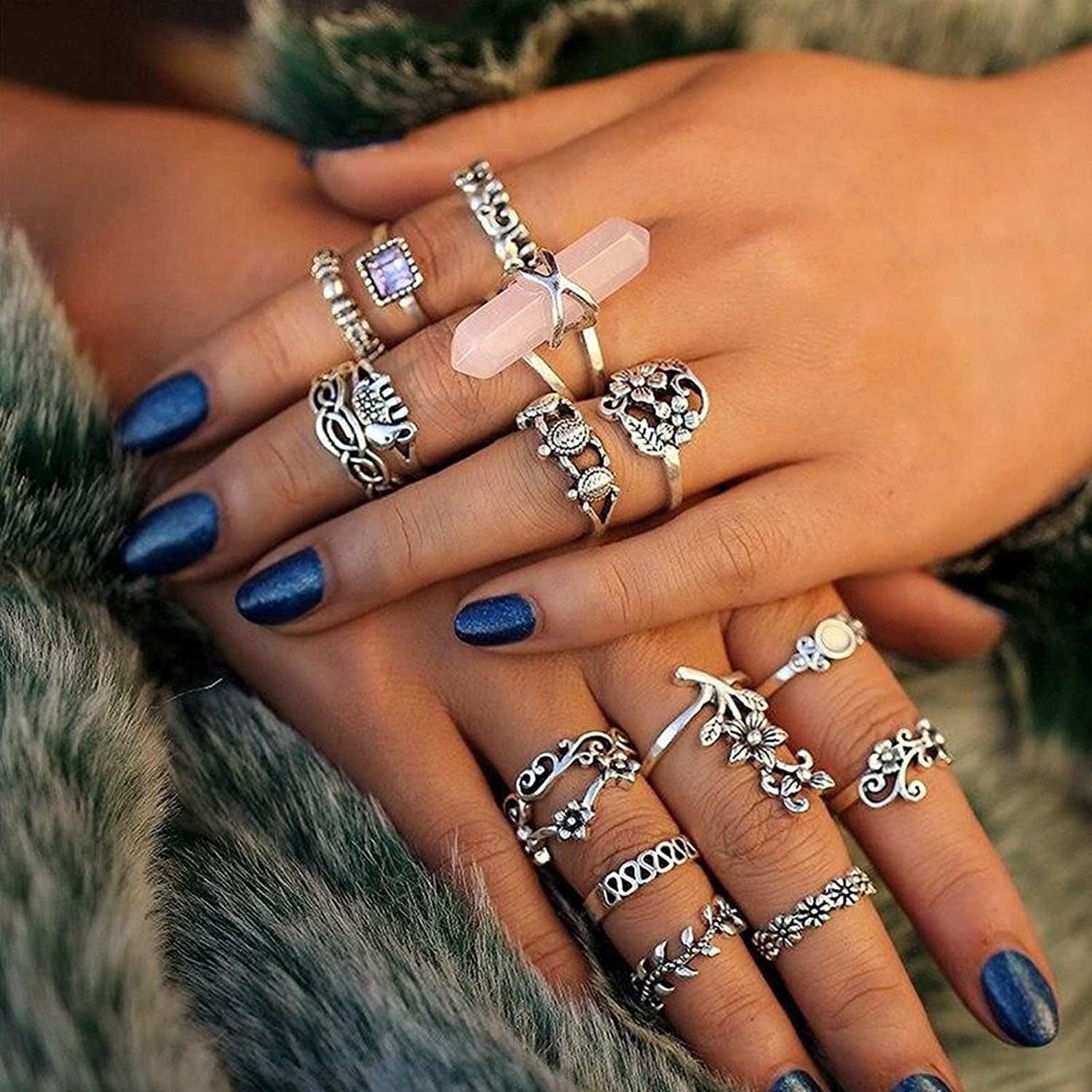82 Pcs Vintage Silver Knuckle Rings Set for Women, Bohemian Stackable Joint Finger Rings, Retro Stone Crystal Stacking Midi Rings Pack
