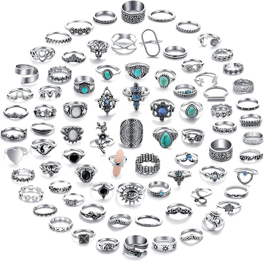 82 Pcs Vintage Silver Knuckle Rings Set for Women, Bohemian Stackable Joint Finger Rings, Retro Stone Crystal Stacking Midi Rings Pack Silver