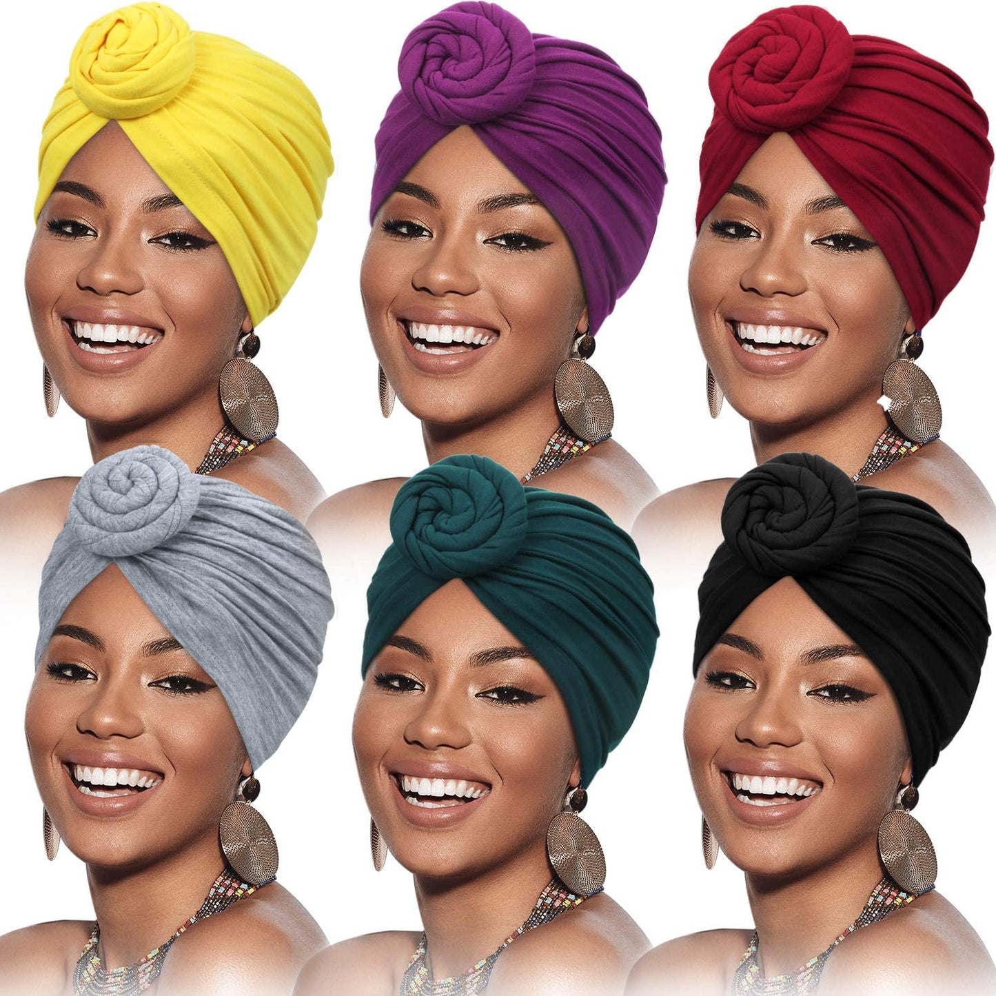SATINIOR 6 Pieces Women African Turban Flower Knot Pre-Tied Bonnet Beanie Cap Headwrap Apparel & Accessories > Clothing Accessories > Headwear SATINIOR Yellow, Green, Purple, Black, Gray, Wine Red  